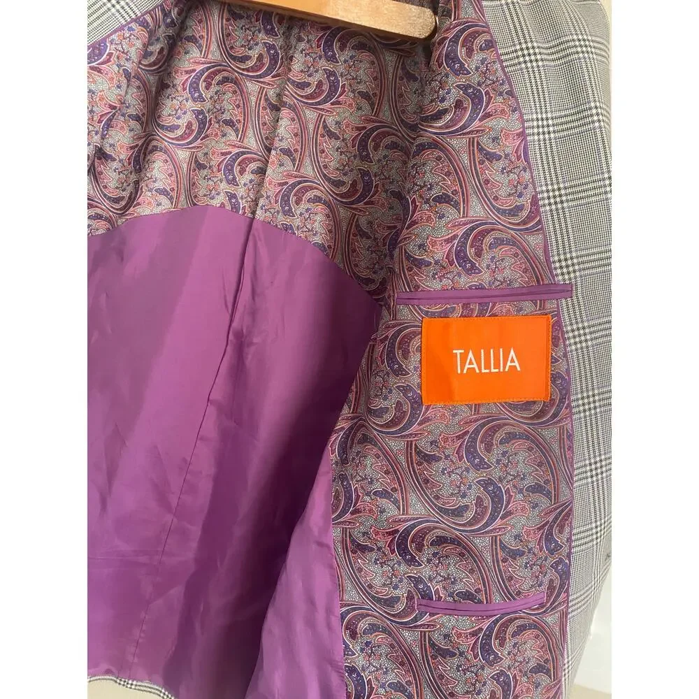 EUC Tallia Silk Wool Blazer Houndstooth Black White Purple Paisley Lined 44R